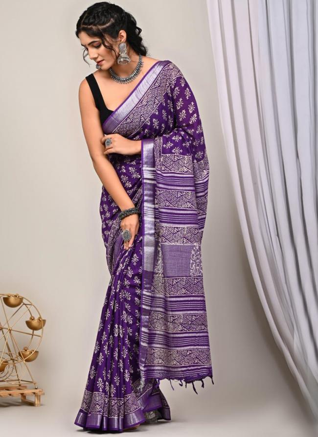 Pure Linen Cotton Purple Casual Wear Pure Hand Work Saree